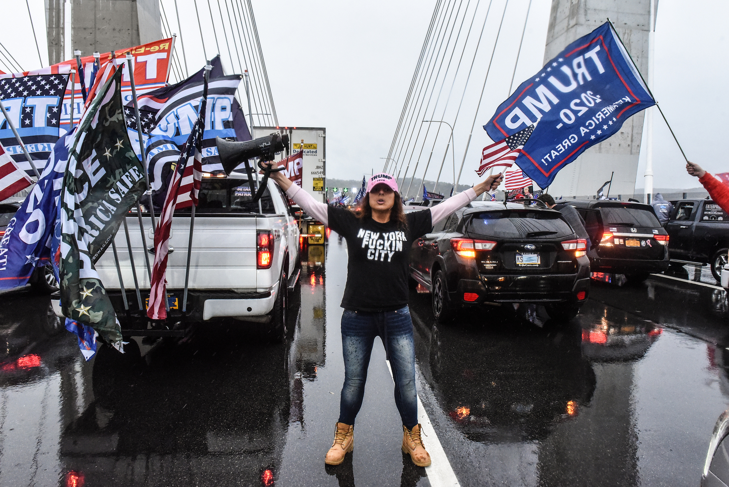 TARRYTOWN, NY - NOVEMBER 01: Trump supporters stop their vehicles and block traffic on the Tappen Zee Bridge also called the Governor Mario M. Cuomo Bridge on November 1, 2020 in Tarrytown, New York. With just two day left before the U.S. Presidential ele